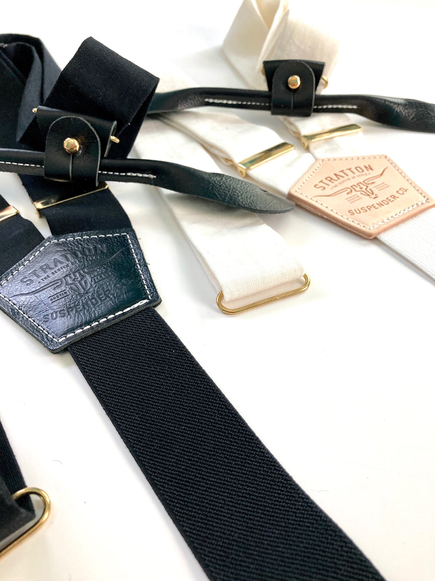 White and Black Tuxedo with Gold - Black Tie Suspenders / Braces with Leather Button On Attachment