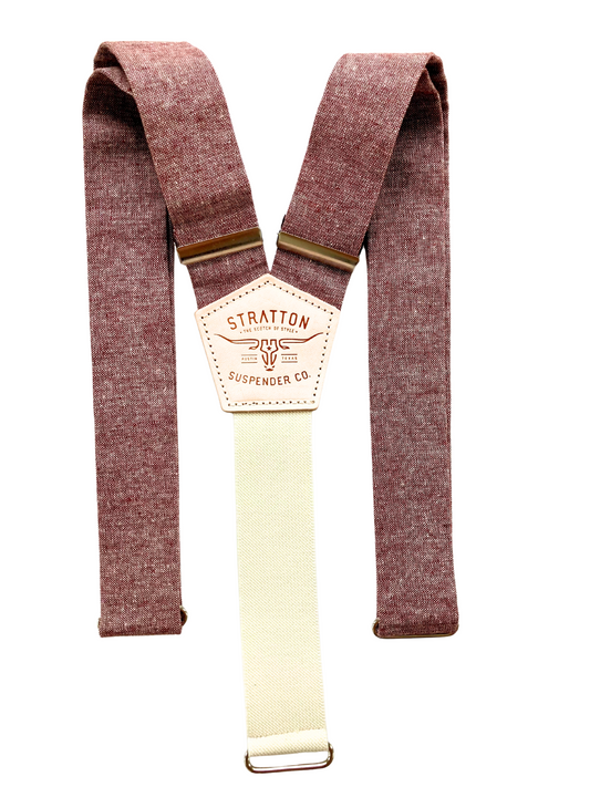 Rust Maroon Linen Suspenders with Leather Magnetic Clasps – Handmade in USA