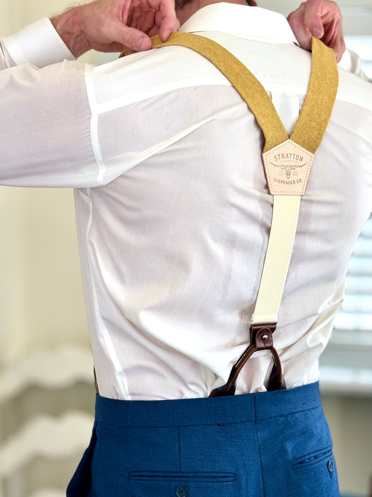 Marigold Yellow Linen Wedding Suspenders – Handmade Button-On Braces for Grooms & Groomsmen