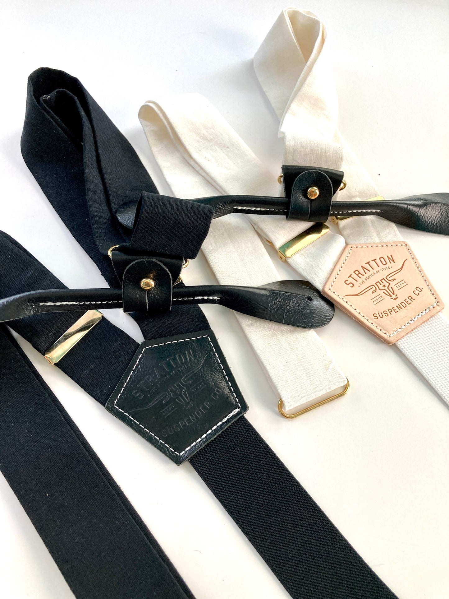 White and Black Tuxedo with Gold - Black Tie Suspenders / Braces with Leather Button On Attachment