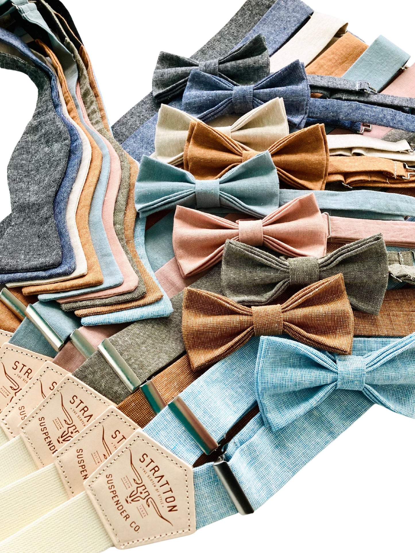 Powder Blue Linen Bow Tie and Button-On Suspenders