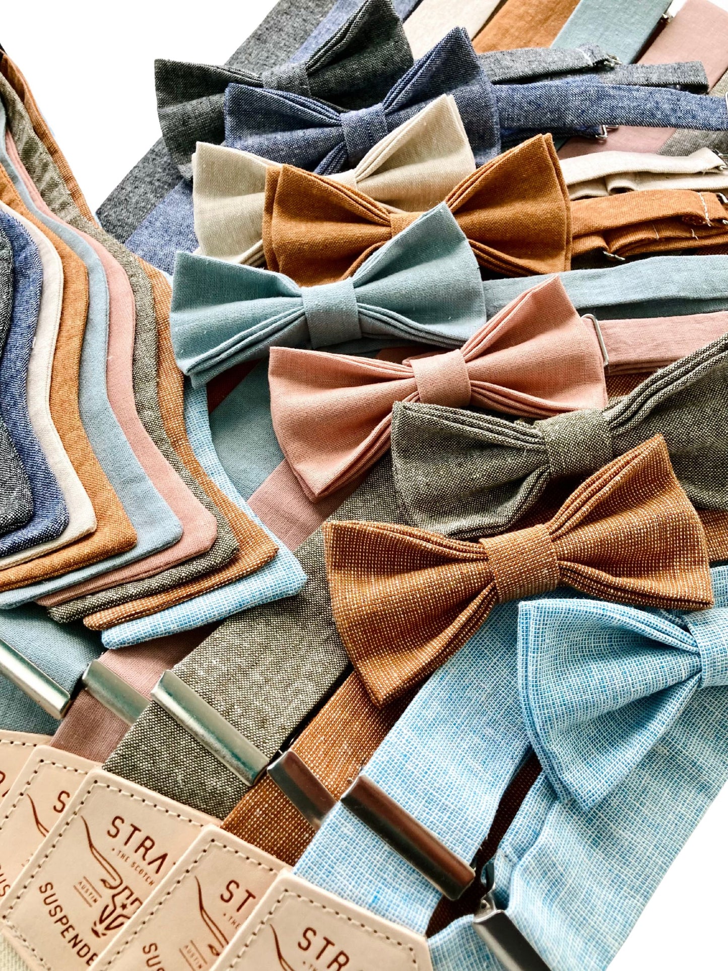 Denim Blue Linen Bow Tie and Button-On Suspenders