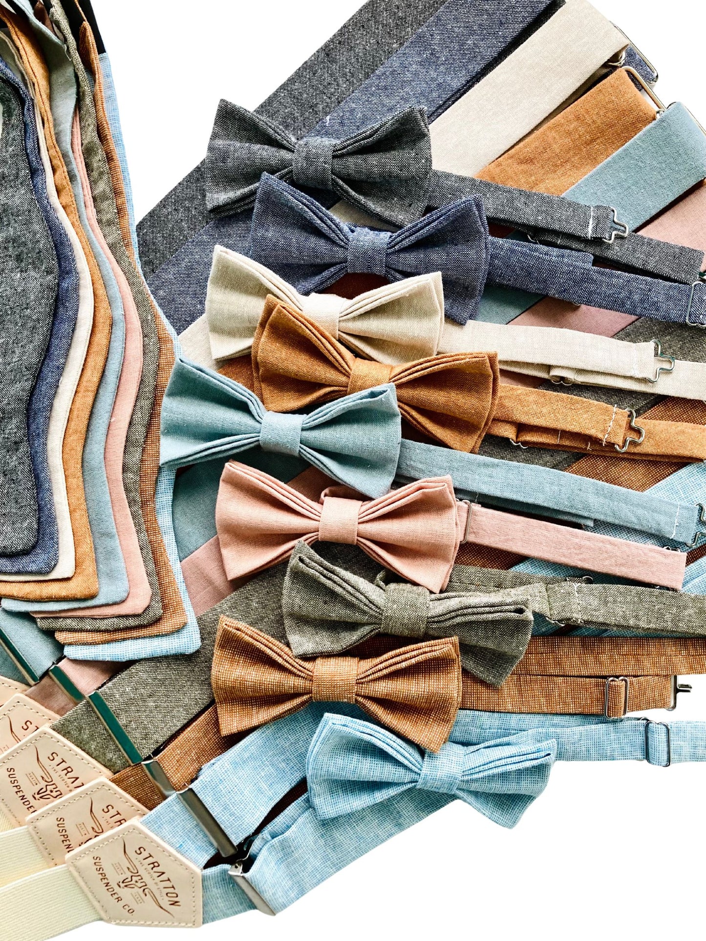 Ivory Beige Linen Bow Tie and Button-On Suspenders