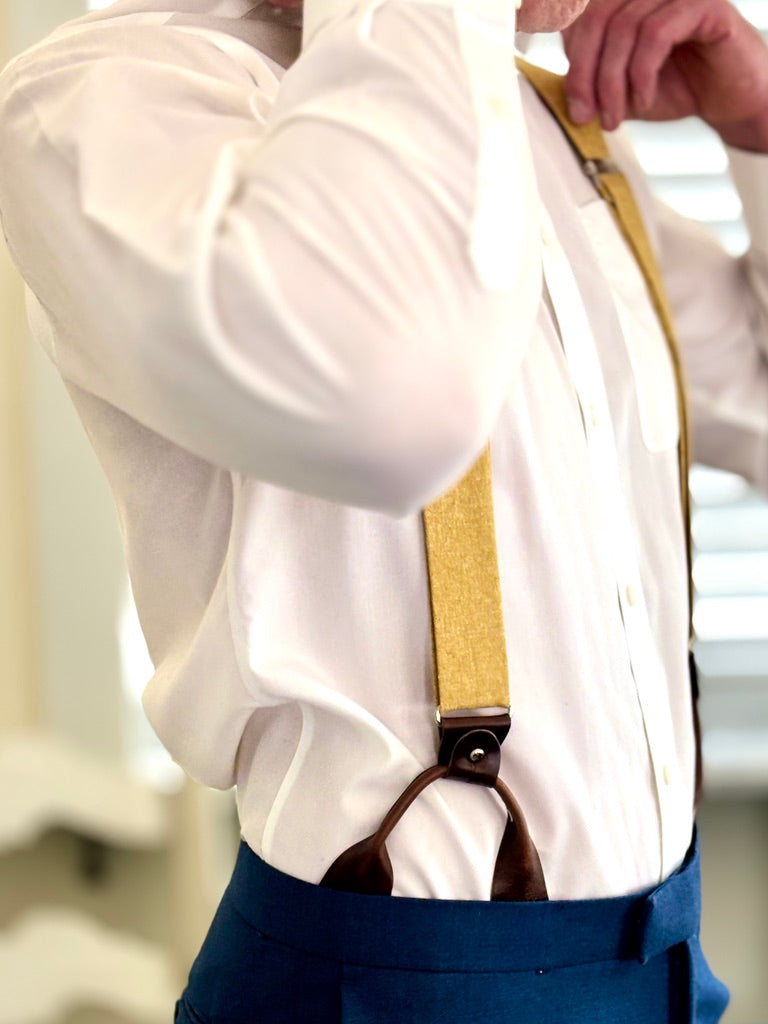 Marigold Yellow Linen Wedding Suspenders – Handmade Button-On Braces for Grooms & Groomsmen