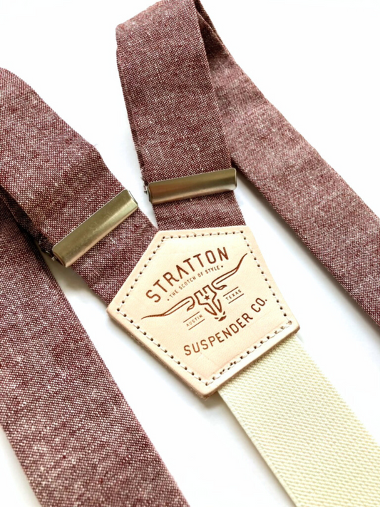 Rust Maroon Linen Suspenders with Leather Magnetic Clasps – Handmade in USA