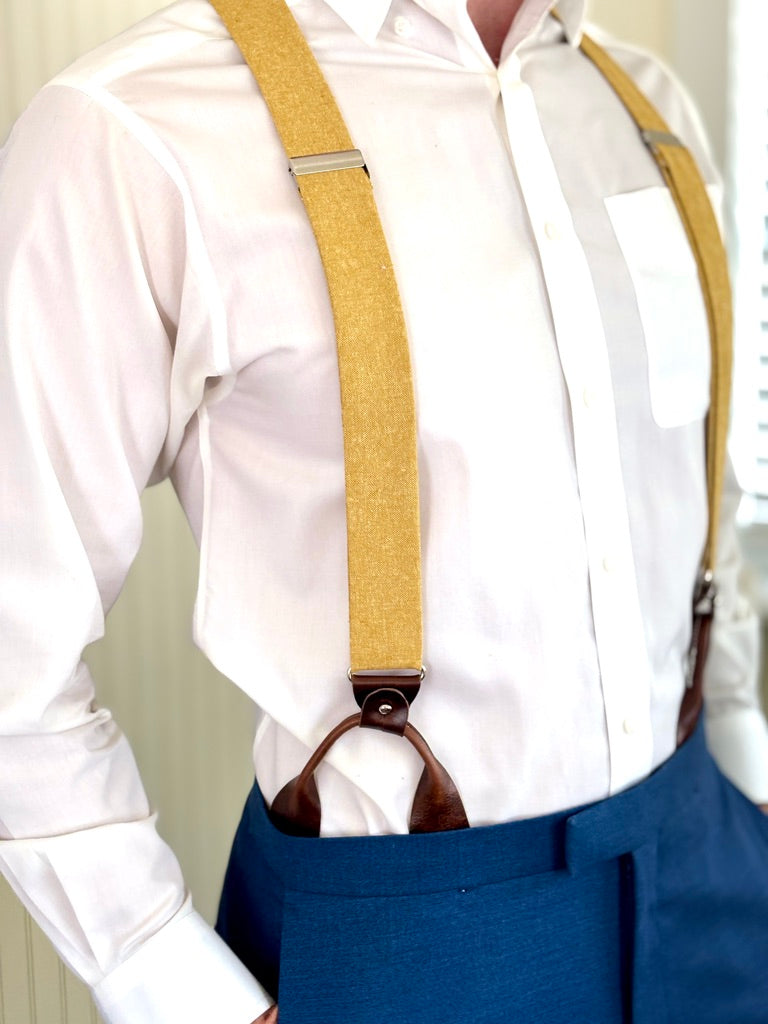 Marigold Yellow Linen Wedding Suspenders – Handmade Button-On Braces for Grooms & Groomsmen