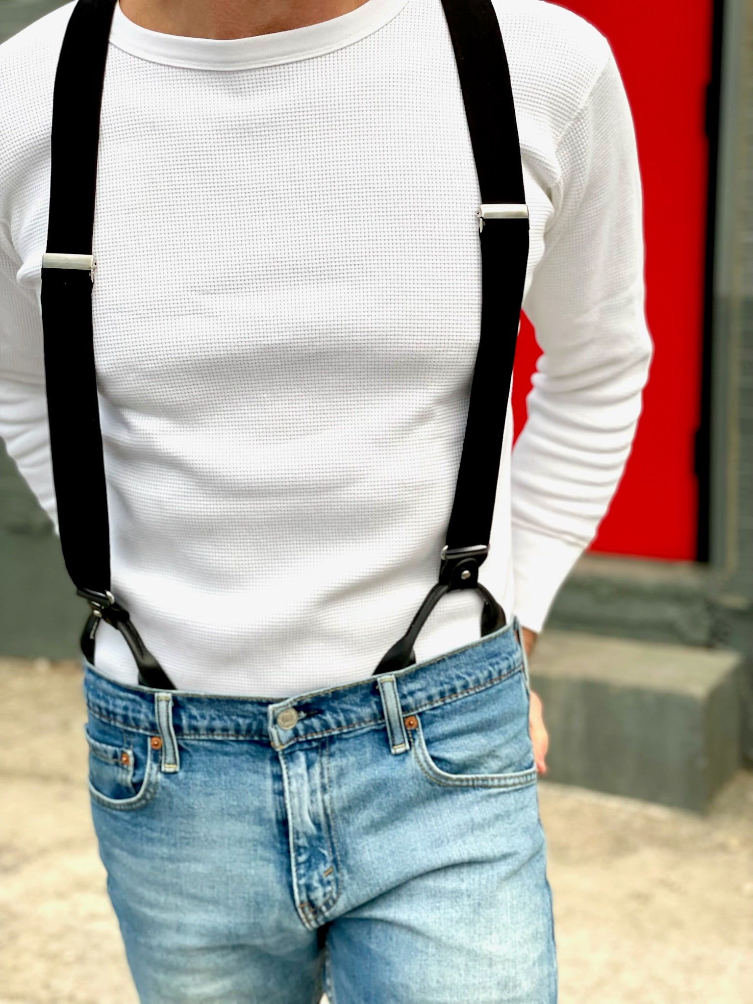 Black Button-On Suspenders Styled with White Henley and Vintage Denim – Handmade Heritage American Menswear by Stratton Suspender Co. Perfect for Rustic Weddings, Groomsmen Gifts, and Effortless Austin Texas Street Style.