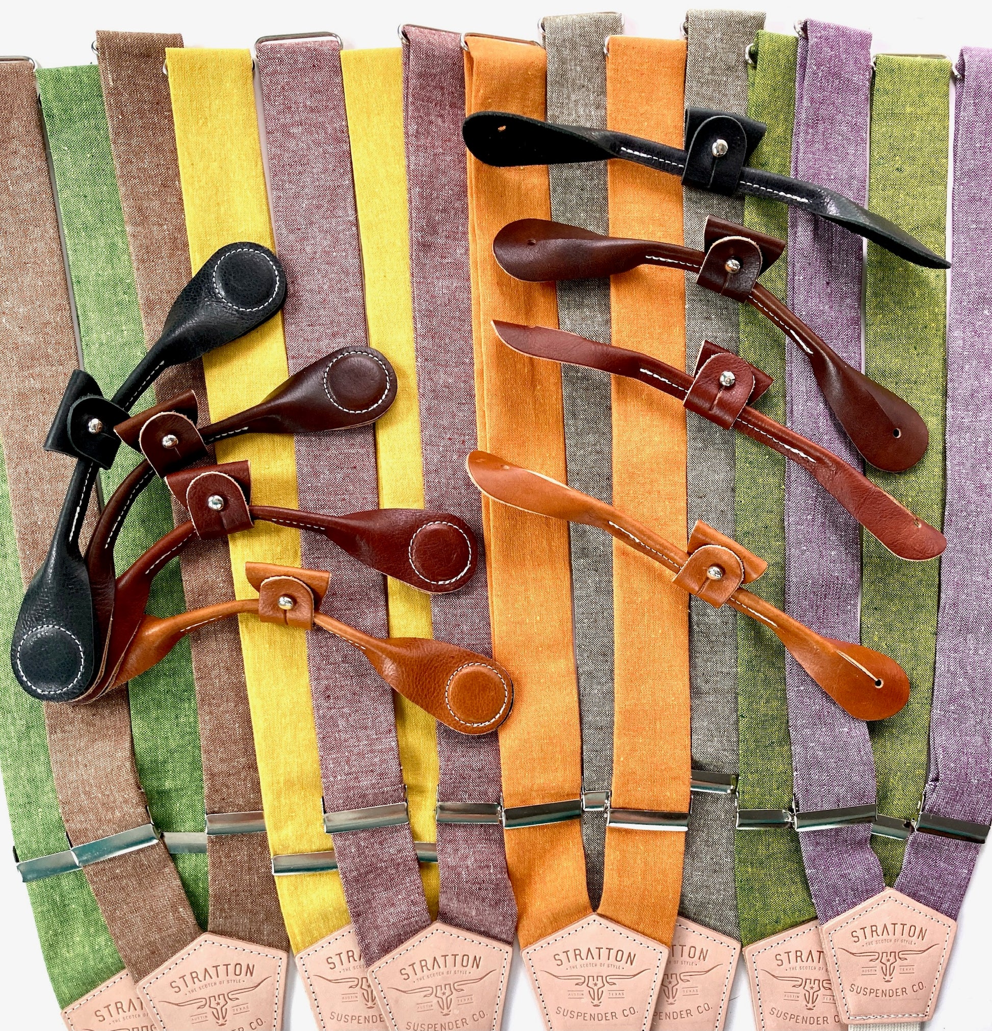 Handmade Bold Linen Suspenders with Premium Leather Button-On Attachments and Patented Magnetic Clasps by Stratton Suspender Co. – Available in Vintage Colors: Kelly Green, Nutmeg Brown, Mustard Yellow, Maroon Rust, Tangerine Orange, Olive Green, Chartreuse Green, and Plum Purple. Perfect for weddings, groomsmen, and heritage menswear.