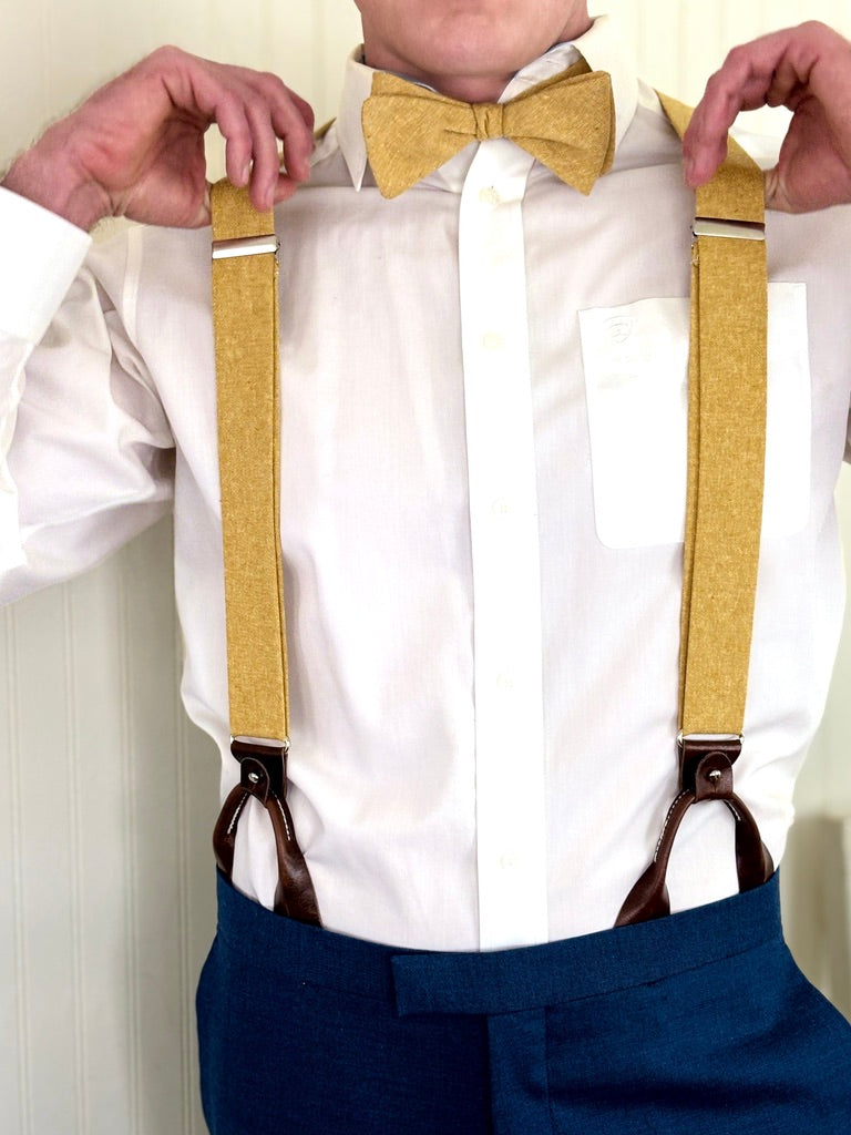 Marigold Yellow Linen Wedding Suspenders – Handmade Button-On Braces for Grooms & Groomsmen