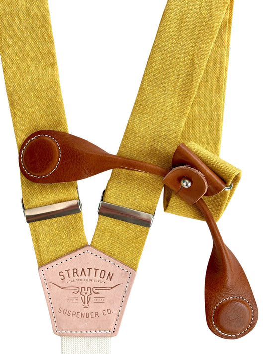 Stratton Suspender Co. features the Yellow linen suspenders on veg tan shoulder leather with cream colored elastic back strap for the Fall 2022 suspenders collection Magnetic Stratton Suspender clasps in Tan Pontedero Italian leather hand-picked by Stratton Suspender Co.