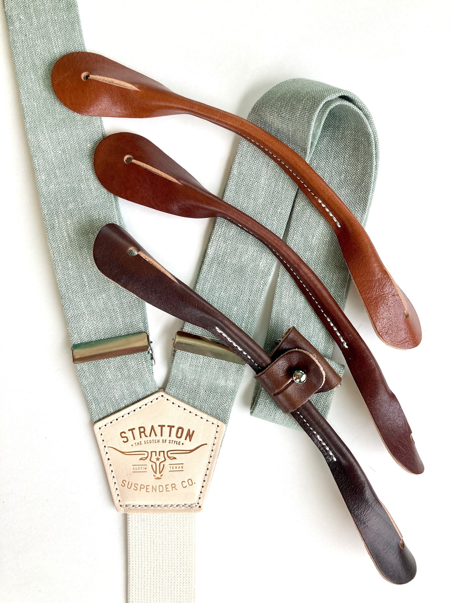 Vintage Sage Linen Button-On Suspenders Set - Summer 2023
