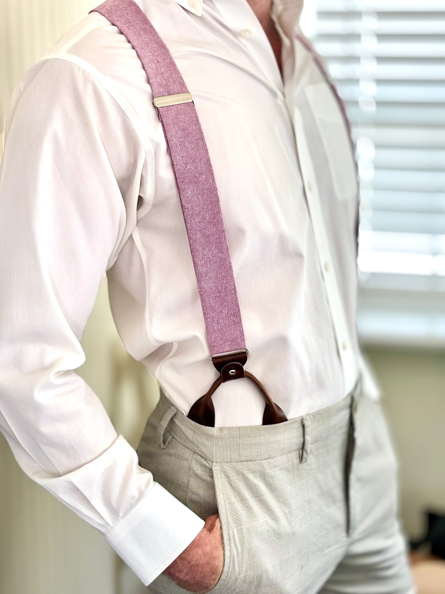 Dusty Mauve Linen Button-On Suspenders – Handmade in Texas | Wedding Suspenders for Groom & Groomsmen