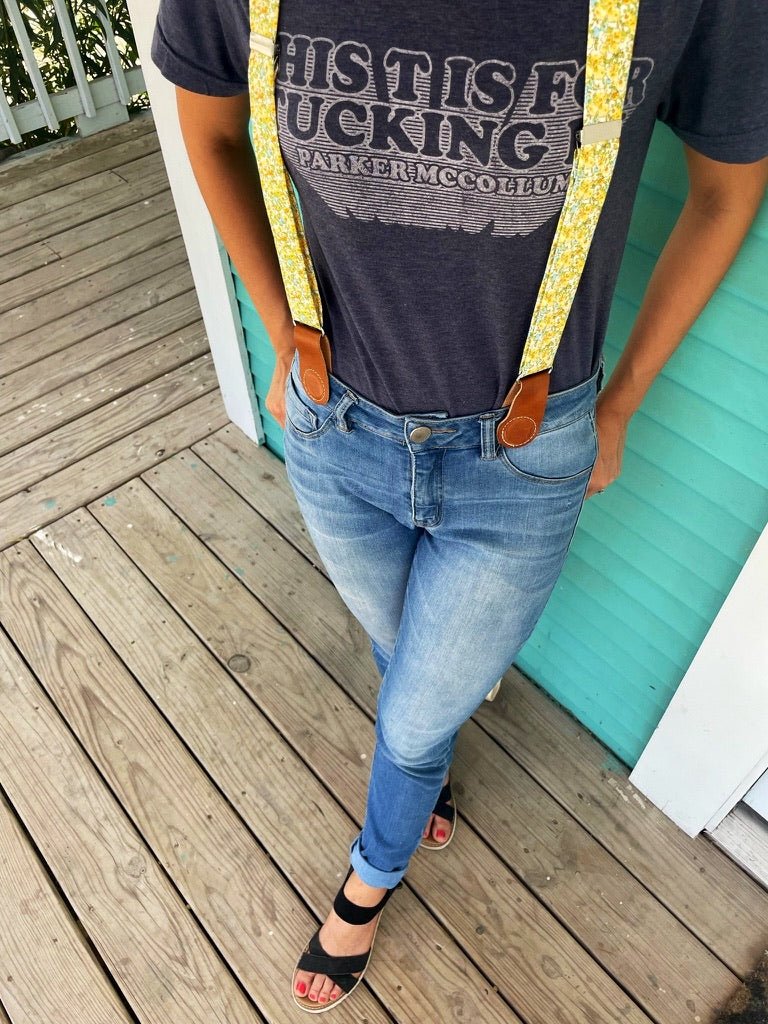 Yellow & Teal Floral Women’s Suspenders – Handmade Linen Suspenders with Magnetic Clasps | Spring, Summer & Fall Boho Accessory