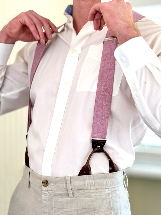 Dusty Mauve Linen Button-On Suspenders – Handmade in Texas | Wedding Suspenders for Groom & Groomsmen