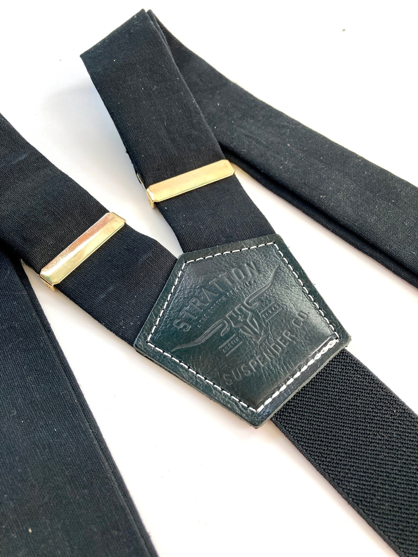 White and Black Tuxedo with Gold - Black Tie Suspenders / Braces with Leather Button On Attachment