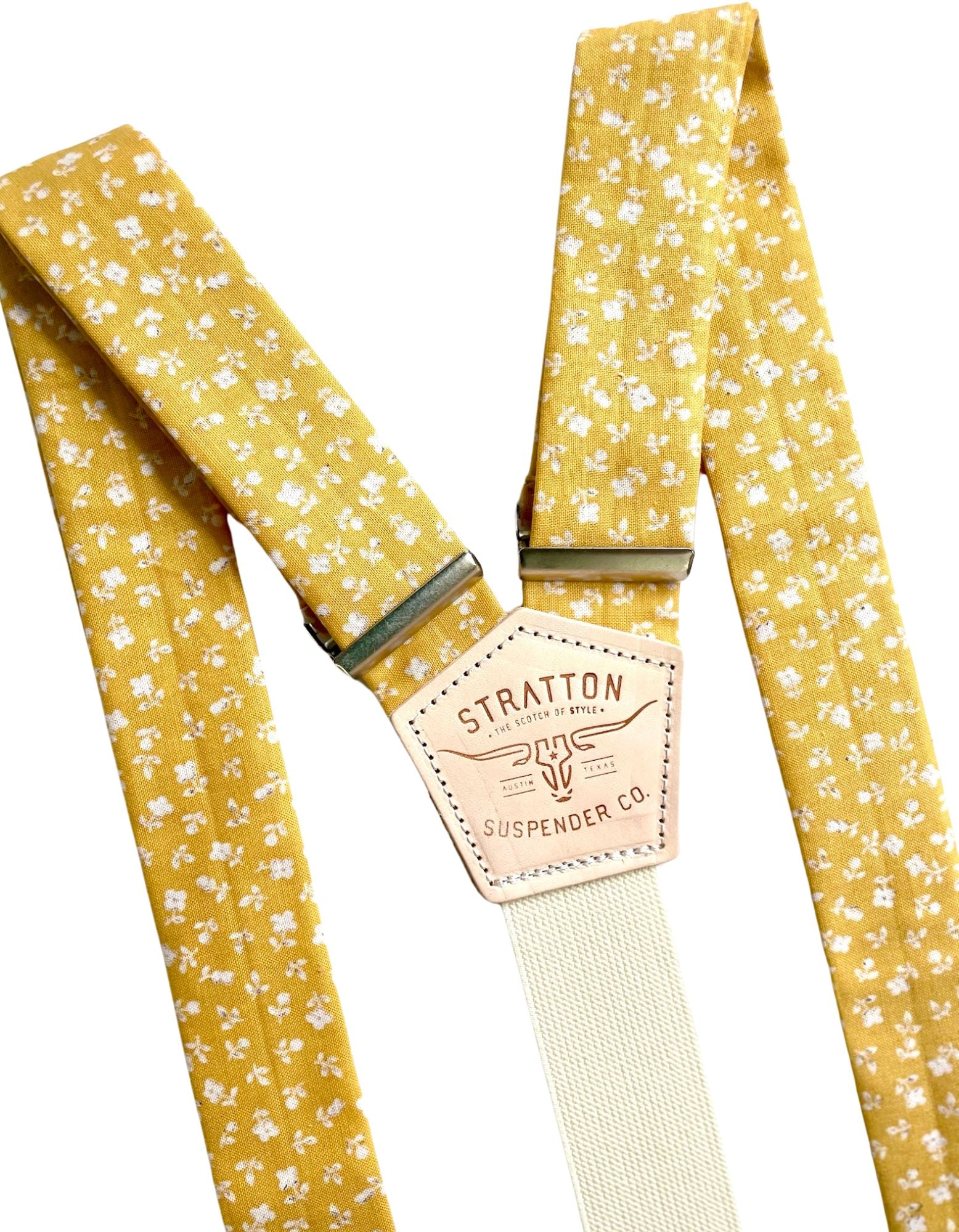 Marigold Yellow Cotton Floral Wedding Suspenders – Victorian American Button-On Braces with Premium Cream Vintage Woven Elastic – Handmade by Stratton Suspender Co.