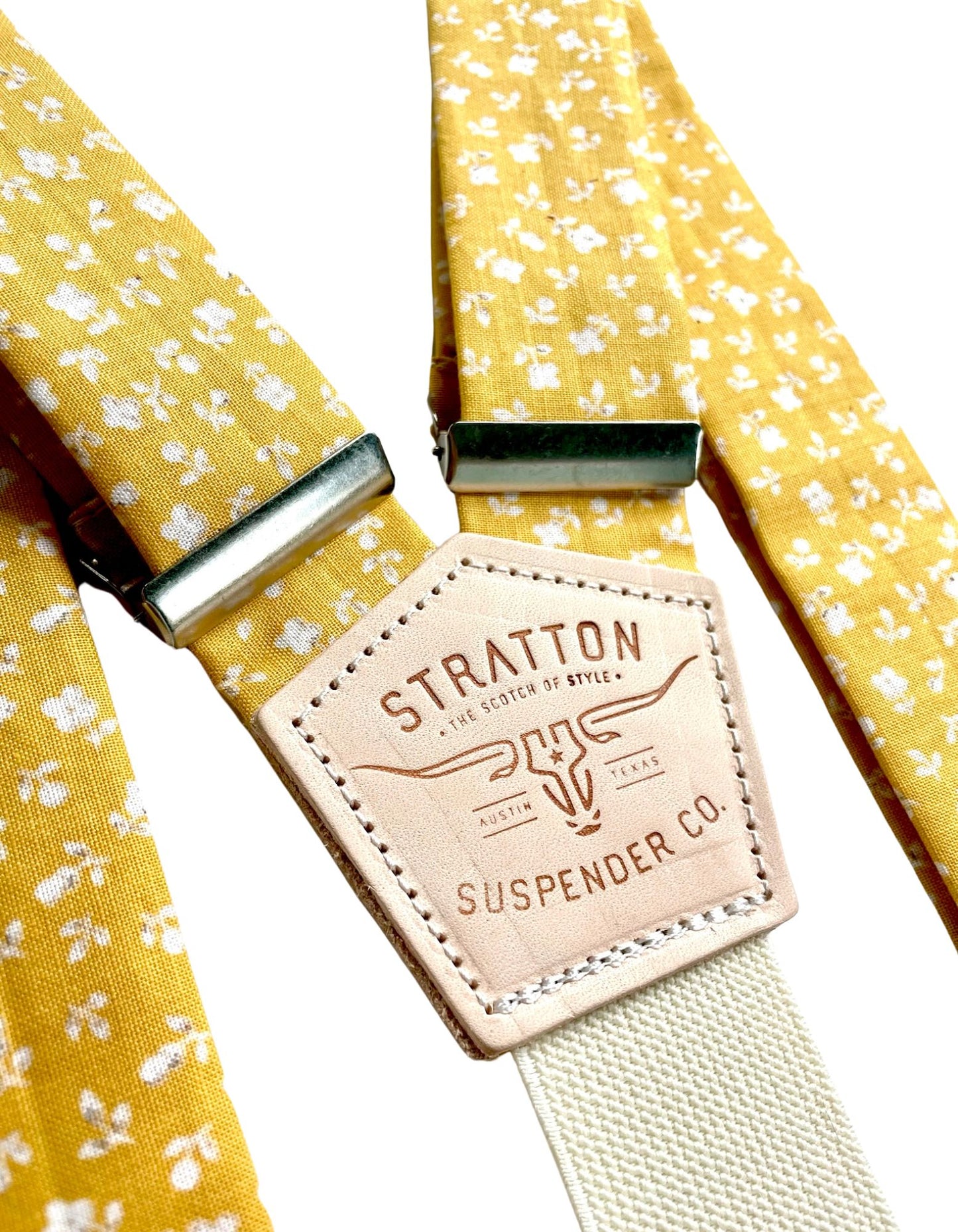 Marigold Yellow Wedding Suspenders – White Cotton Floral Pattern with Premium Cream Vintage Woven Elastic – Handmade Button-On Braces by Stratton Suspender Co.