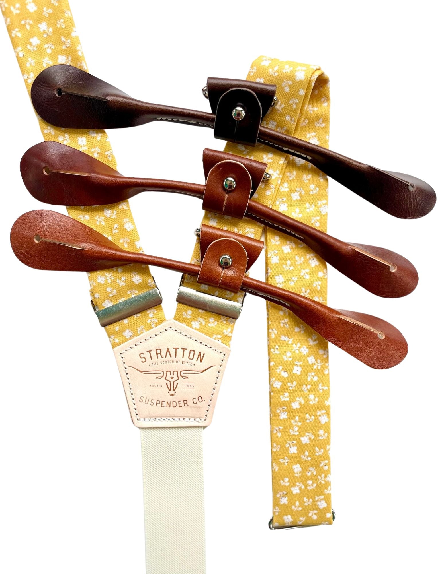 Marigold Yellow Wedding Suspenders with White Cotton Floral Design – Handcrafted Button-On Braces with Italian Leather by Stratton Suspender Co.