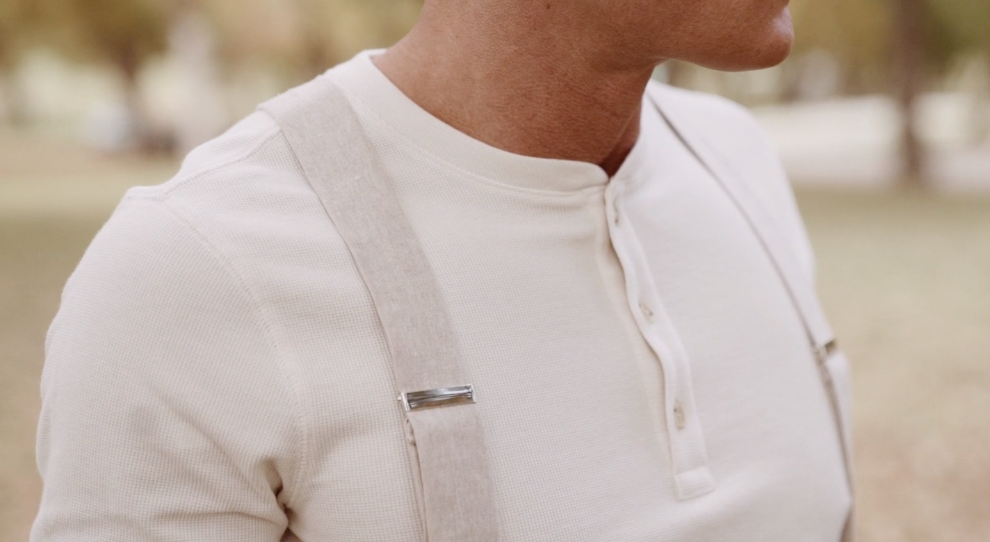 Close-Up of Ivory Beige Button-On Suspenders by Stratton Suspender Co. – Paired with Vintage-Inspired Henley Shirt – Heritage American Menswear – Handmade in USA