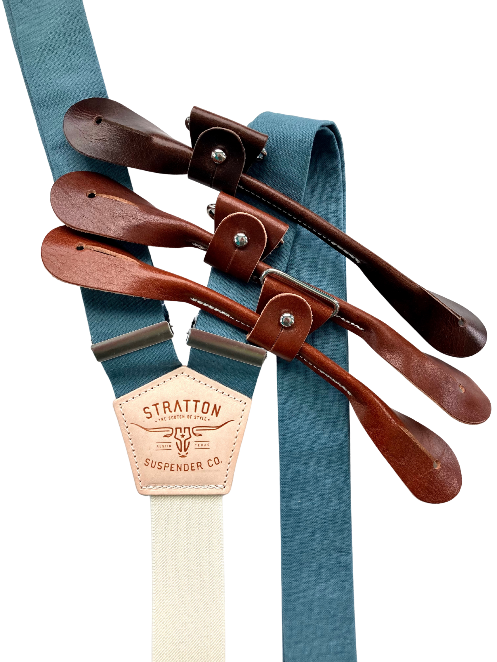 Teal blue linen suspenders with a cream back strap and premium leather button-on attachments in brown shades. Elegant, handcrafted suspenders for weddings, groomsmen, and formal menswear.