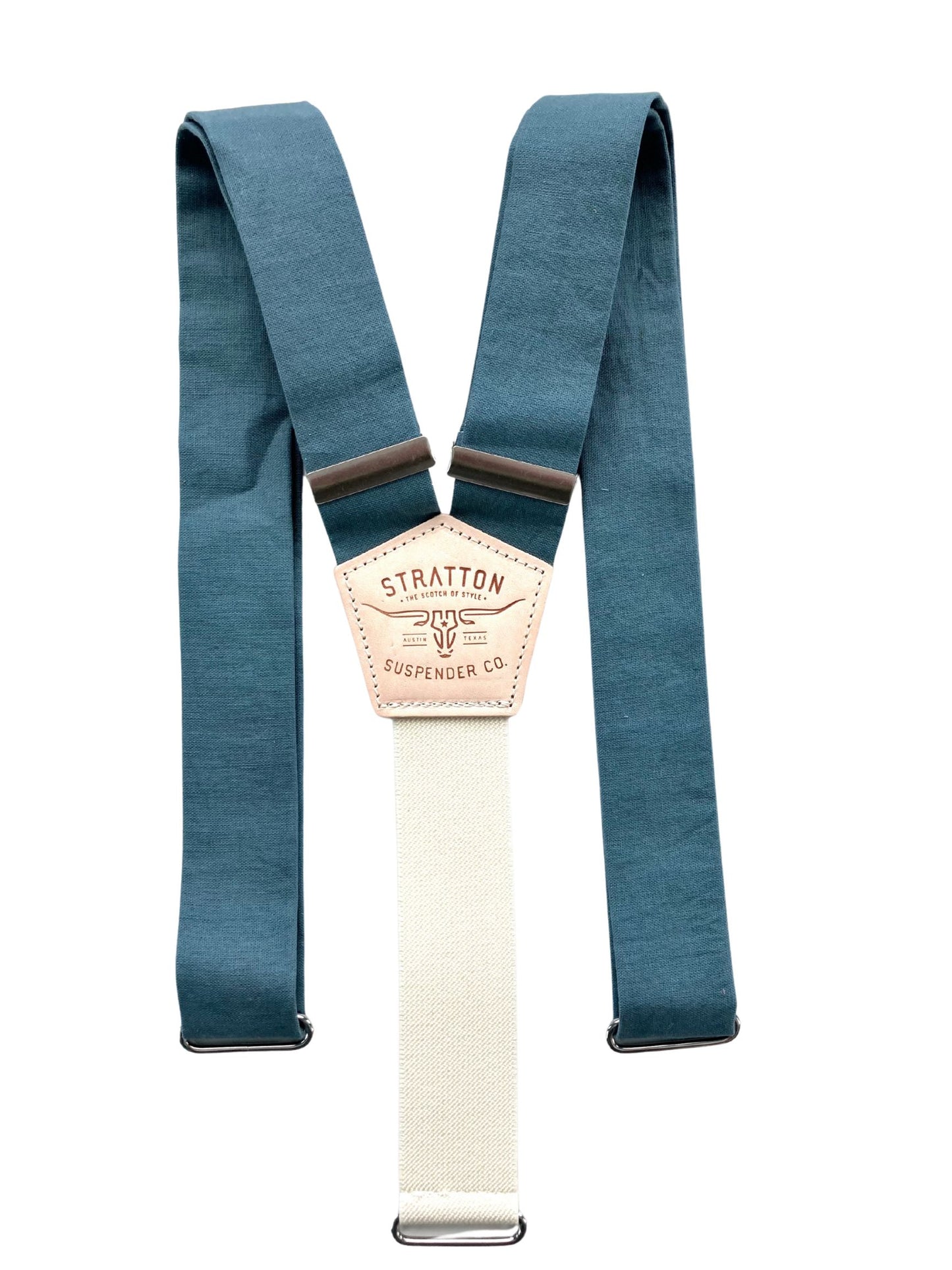 Teal linen button-on suspenders with a soft cream back strap, handcrafted for weddings and groomsmen attire. Vintage-inspired men’s formalwear with premium leather detailing, adjustable fit, and timeless craftsmanship. Perfect for rustic, barn, and outdoor weddings.