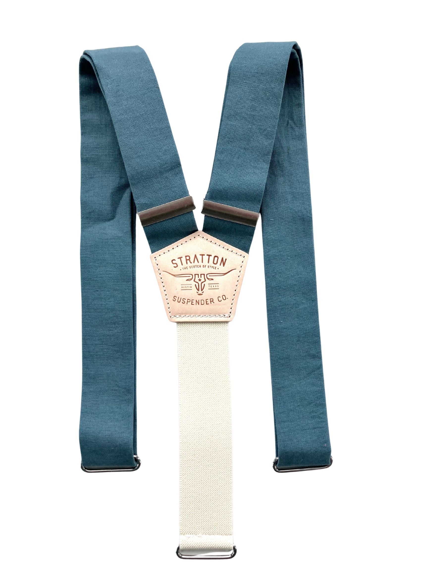 Teal linen button-on suspenders with a soft cream back strap, handcrafted for weddings and groomsmen attire. Vintage-inspired men’s formalwear with premium leather detailing, adjustable fit, and timeless craftsmanship. Perfect for rustic, barn, and outdoor weddings.