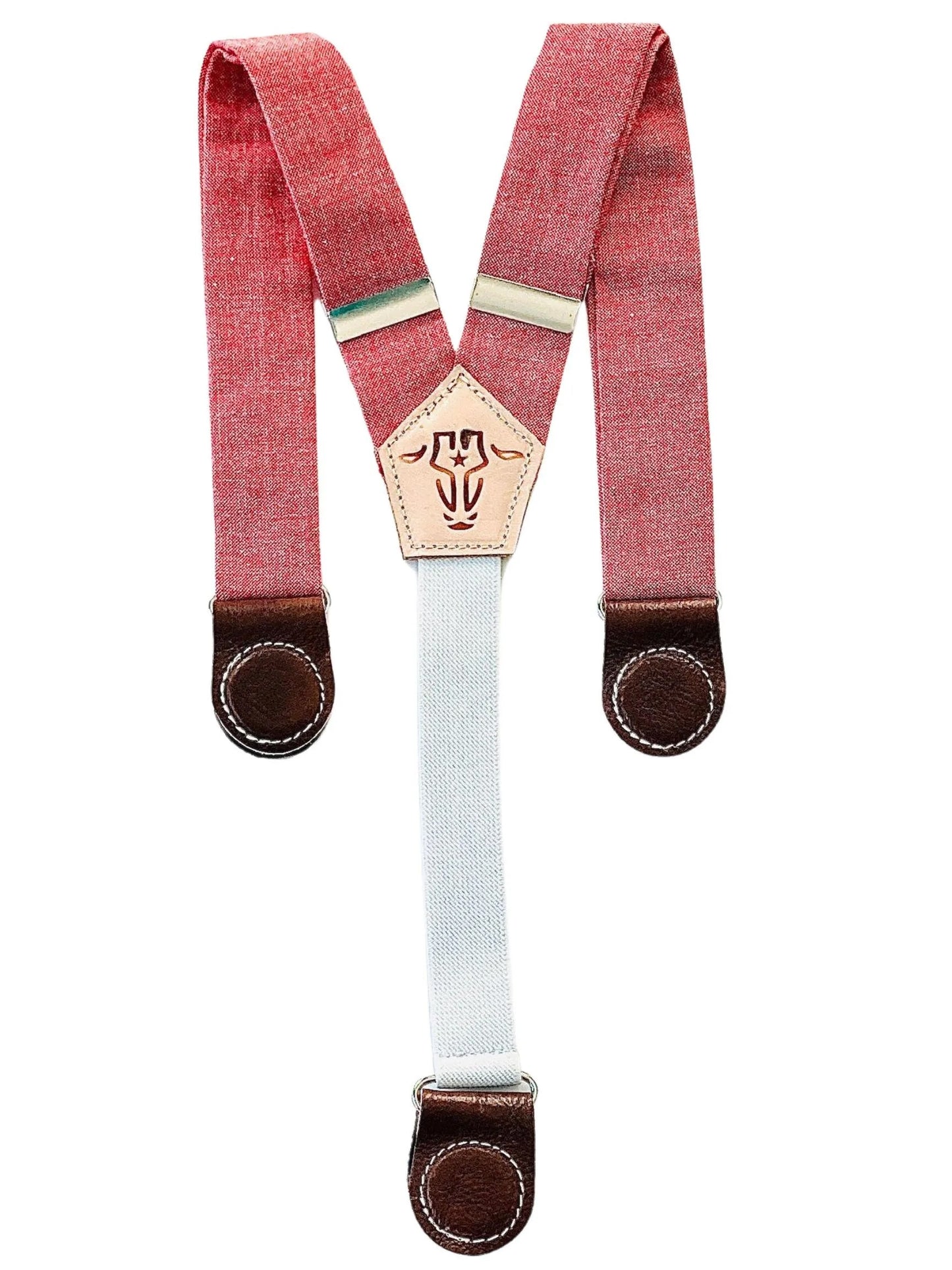 Cherry red linen suspenders for kids with dark brown leather magnetic button-style fasteners and cream elastic back strap, handcrafted by Stratton Suspender Co.