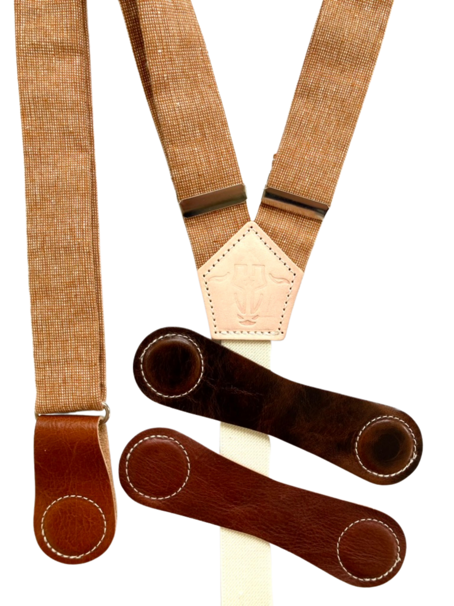 Cinnamon Pecan women’s linen suspenders with Tan, Cognac, and Chocolate leather magnetic clasps, handcrafted in Texas.