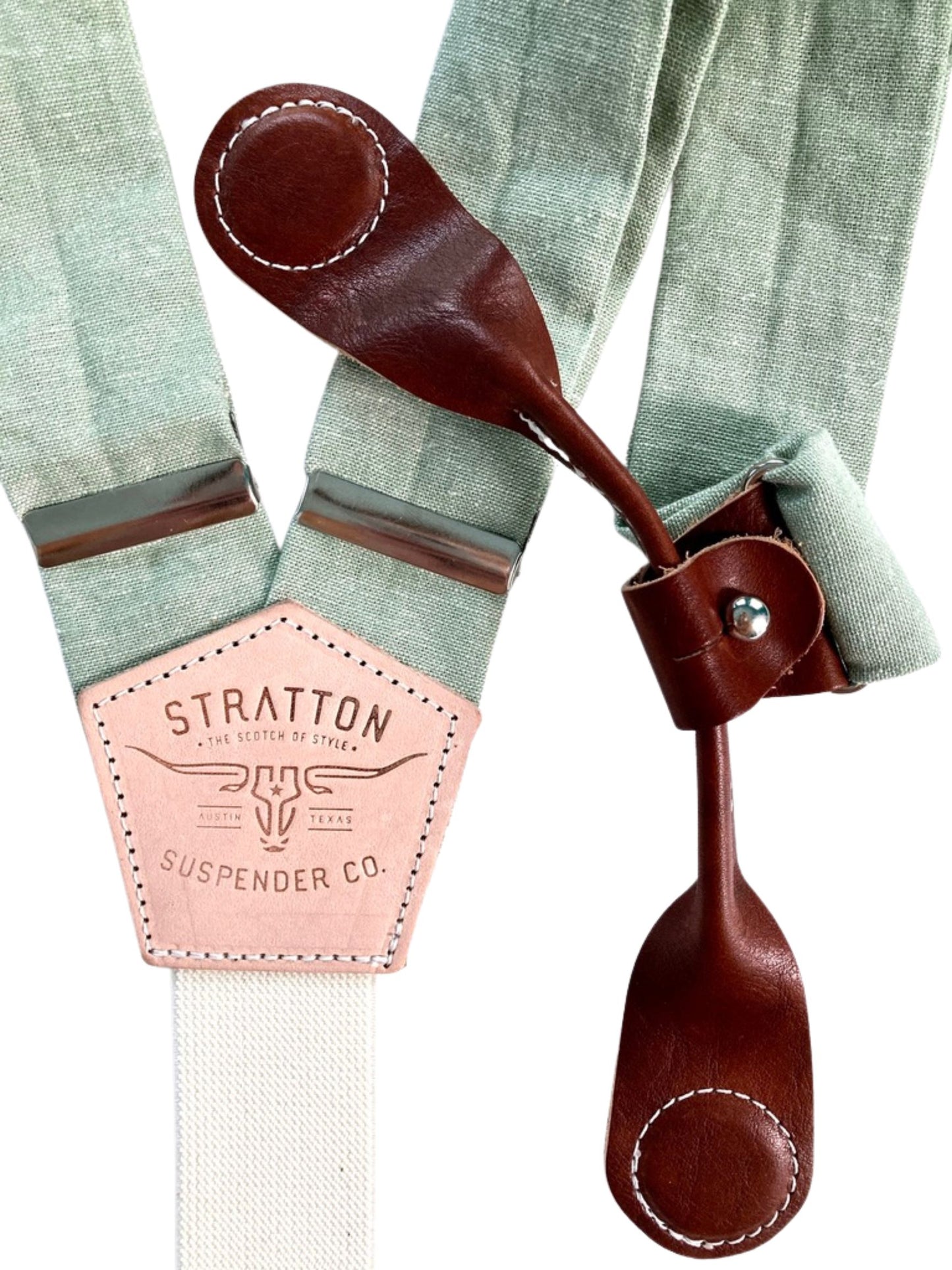 Cognac leather magnetic clasp layered over pistachio green suspenders—ideal for rustic weddings, groomsmen, and spring menswear.