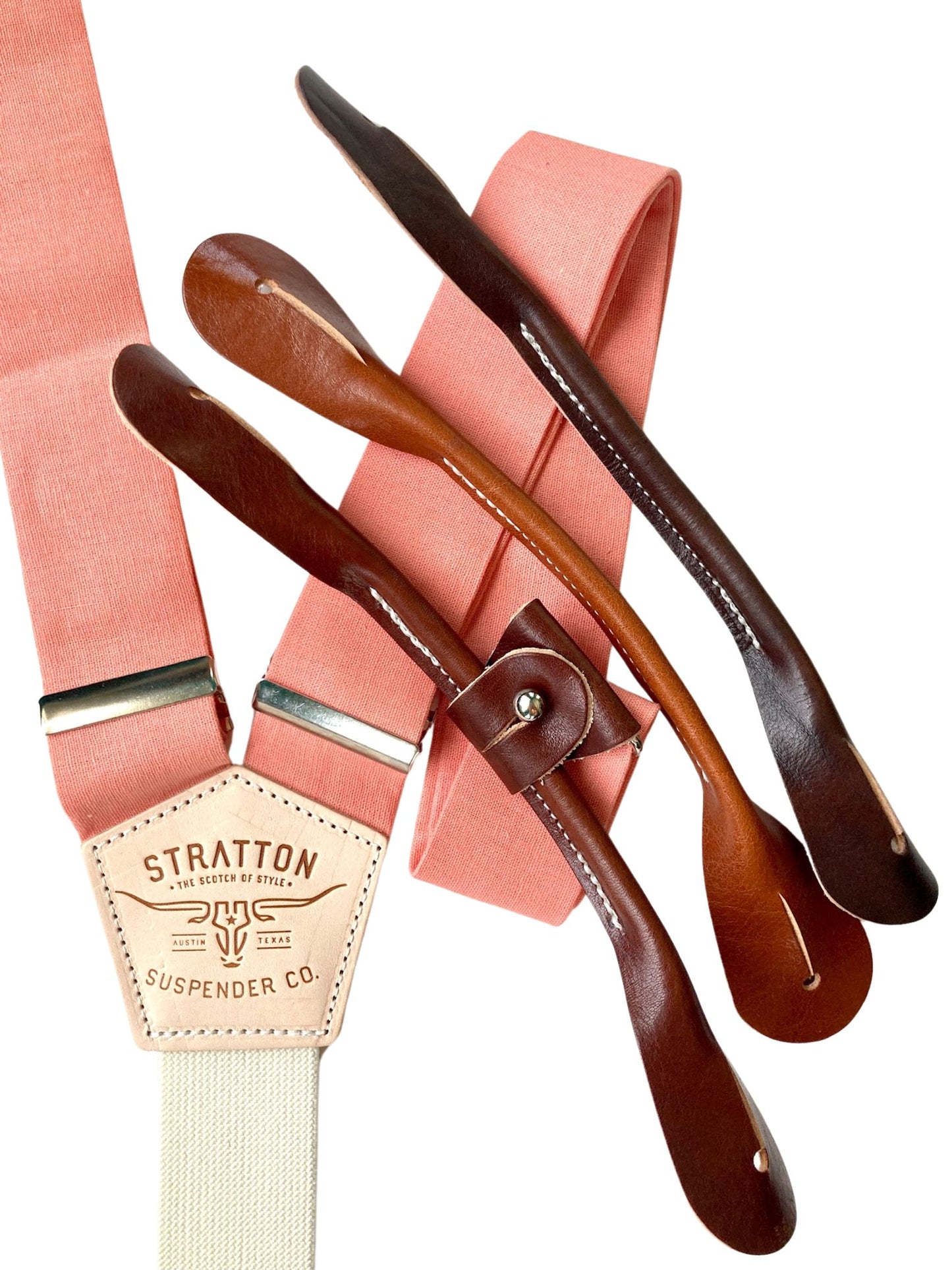 Coral linen suspenders with cream back strap and button-on full-grain leather ends in tan, cognac, and chocolate by Stratton Suspender Co.