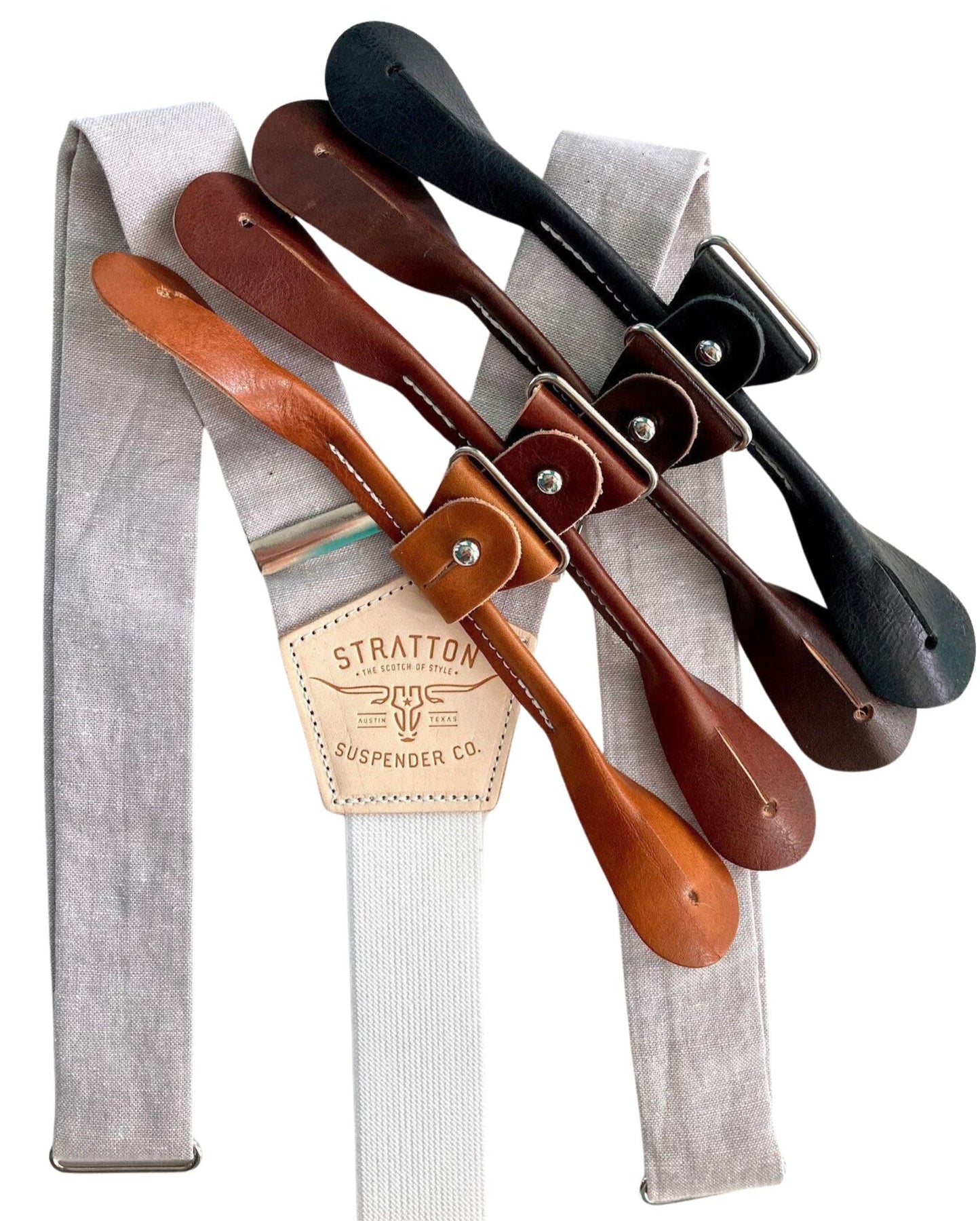 Dove gray linen button-on suspenders with premium leather tabs in four colors, handmade in Texas by Stratton Suspender Co. — formal braces for weddings, suits, and heritage menswear.