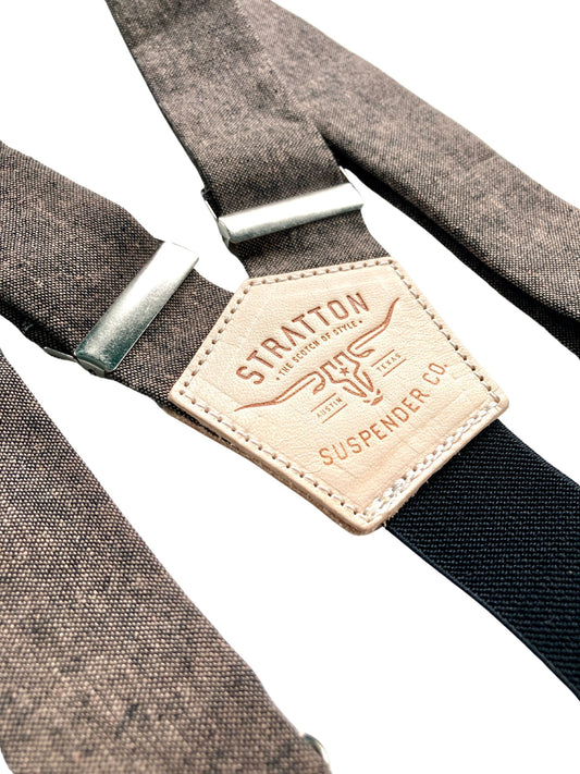 Close-up of Espresso Brown linen suspenders with cream elastic back strap and natural leather patch, handcrafted by Stratton Suspender Co.—ideal for grooms, rustic weddings, and vintage-inspired menswear.