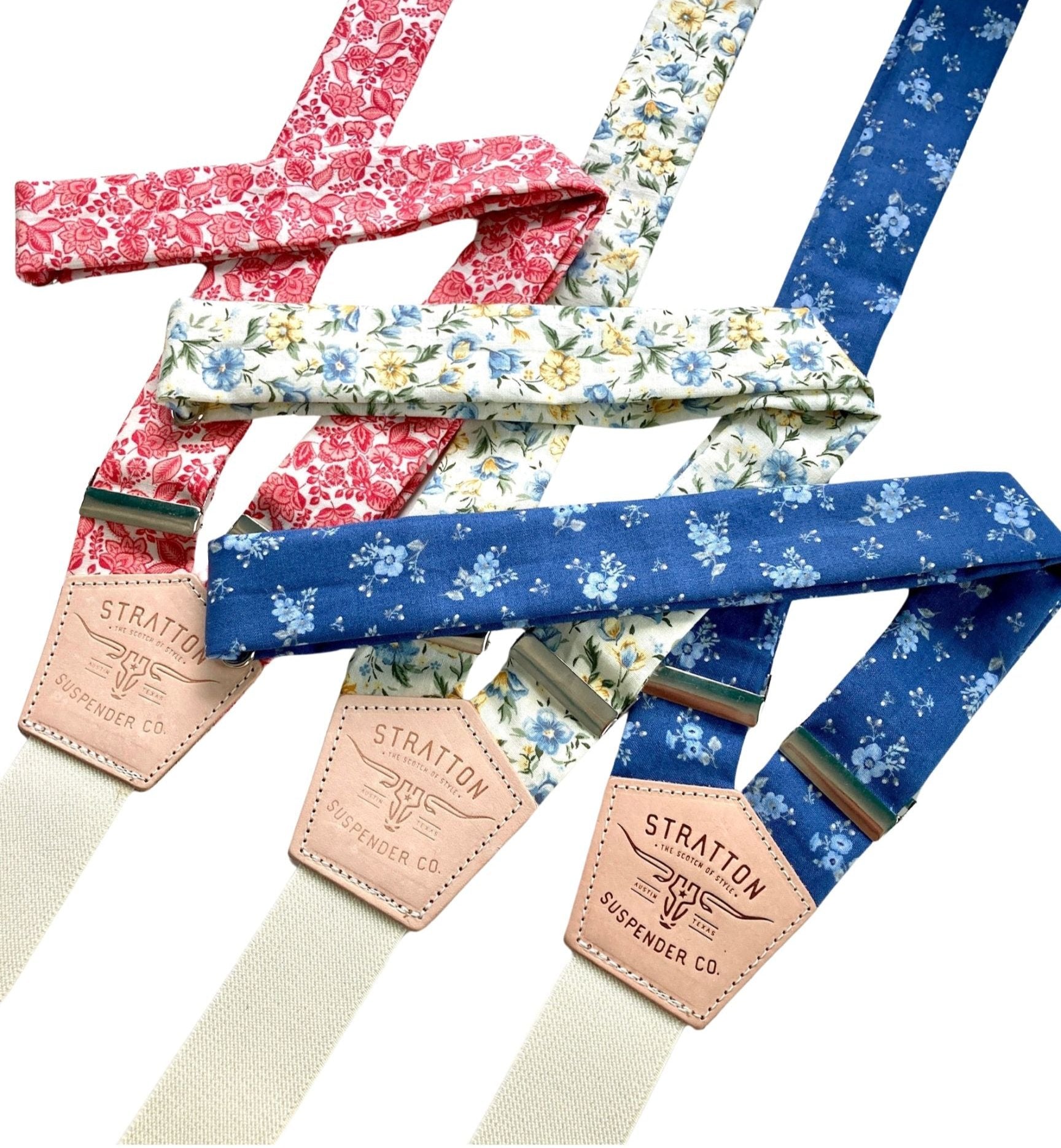 Vintage floral suspenders collection with cornflower blue, marigold, and red floral prints, handmade wedding suspenders by Stratton Suspender Co.