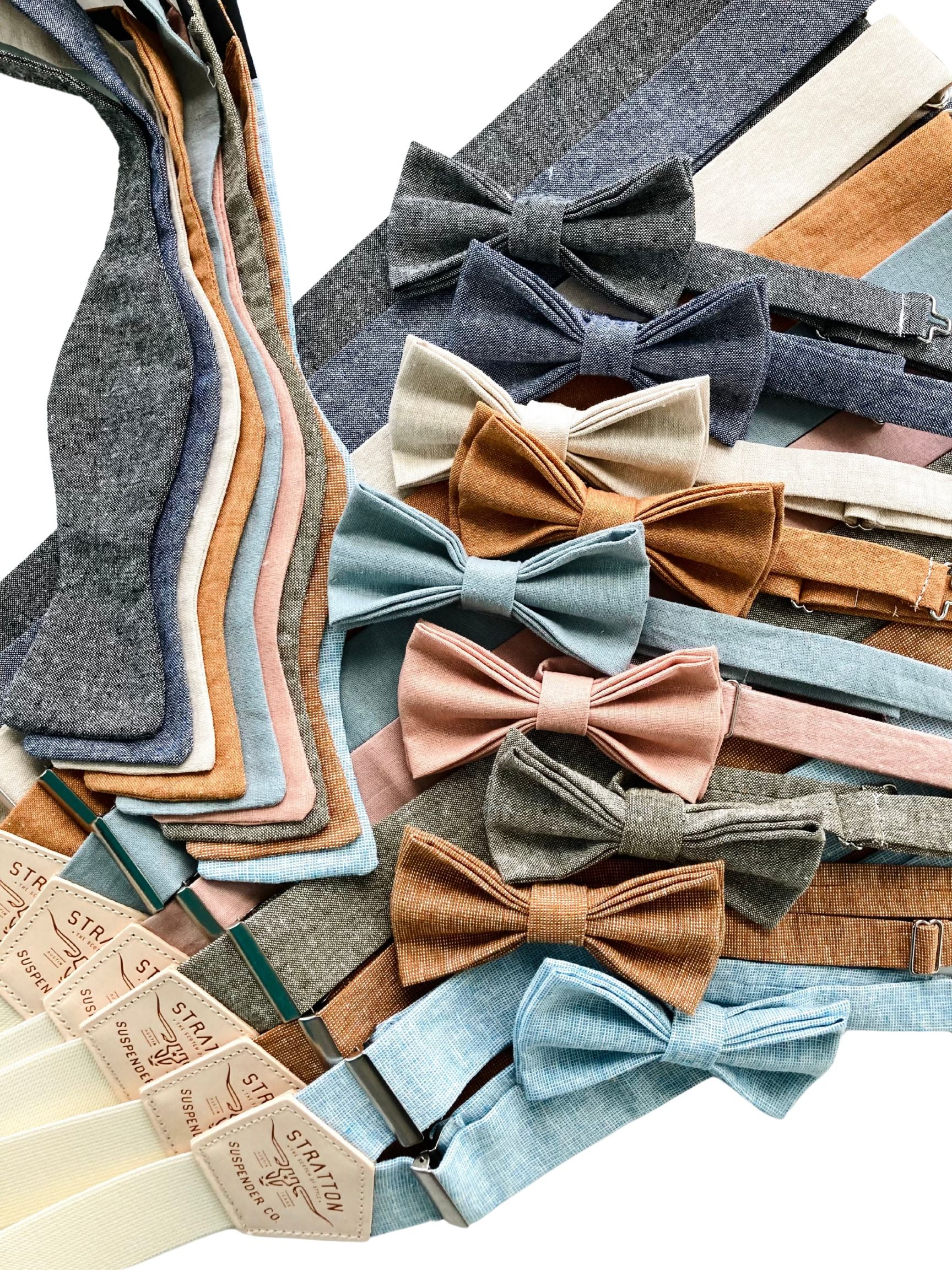 Stratton Suspender Co. collection of linen wedding suspenders and matching bow ties in powder blue, dusty rose, olive, burnt orange, ivory beige, vintage black, and dusty blue.