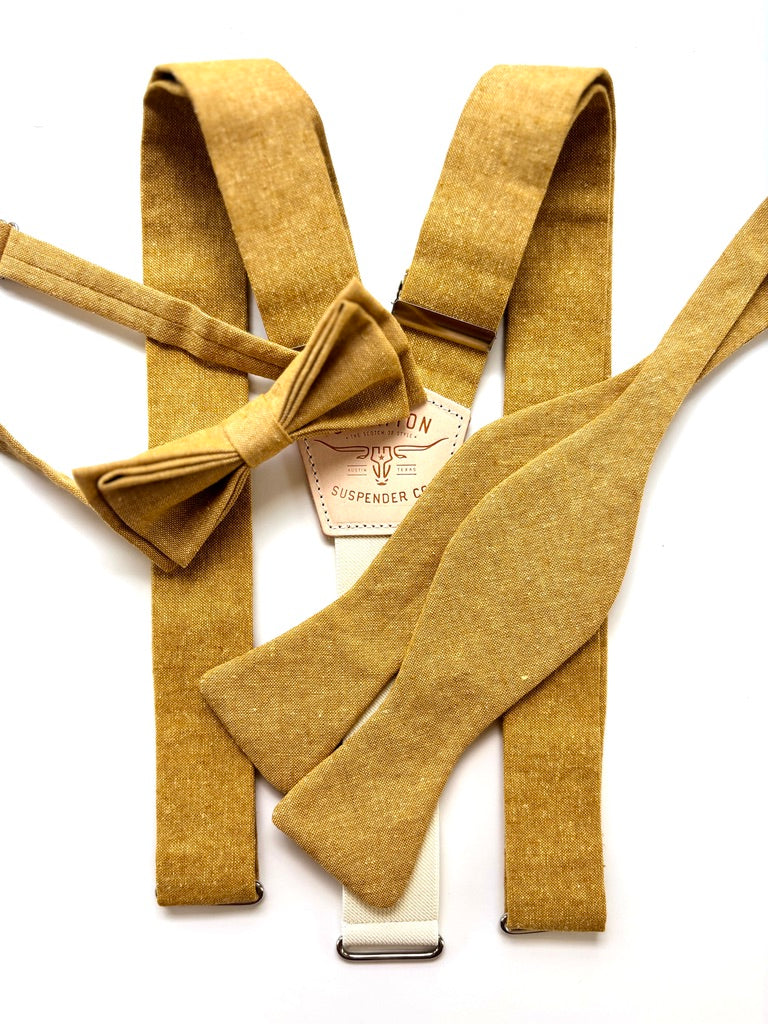 mustard bow tie and suspenders