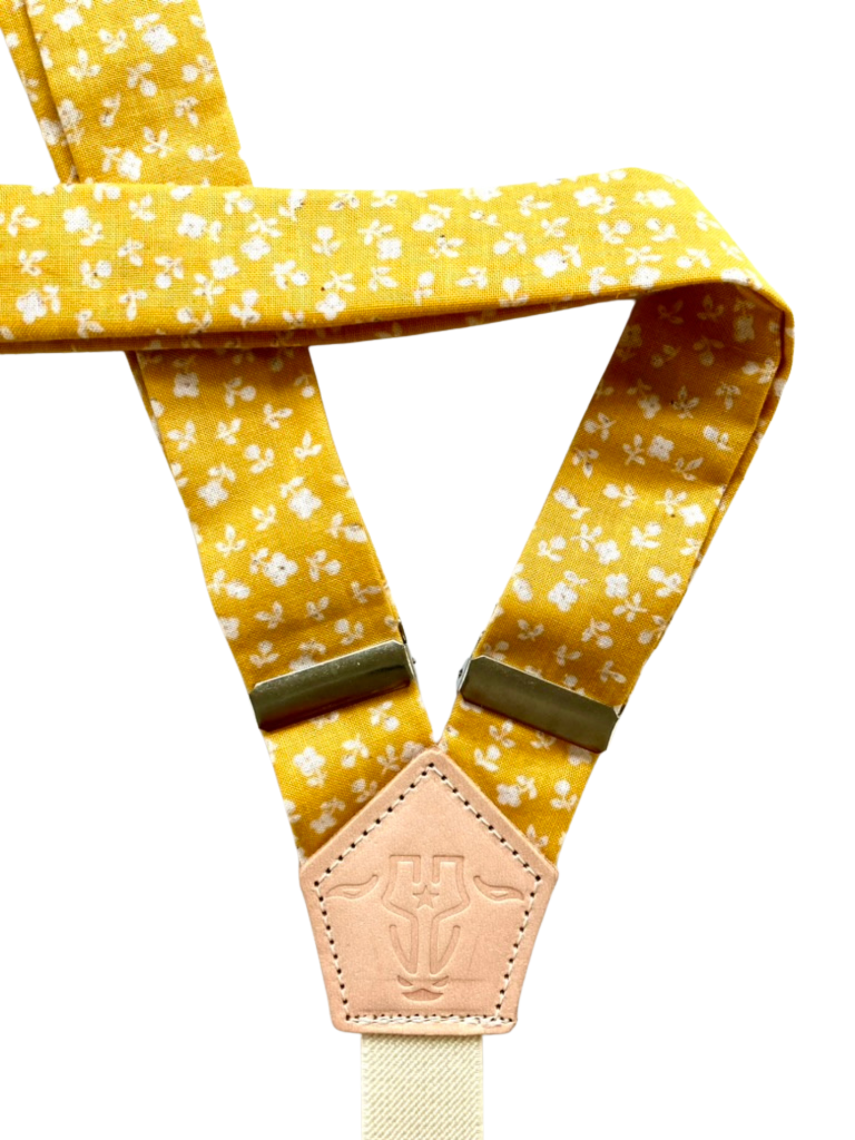 Marigold yellow floral suspender straps with adjustable sliders, handmade in Texas.