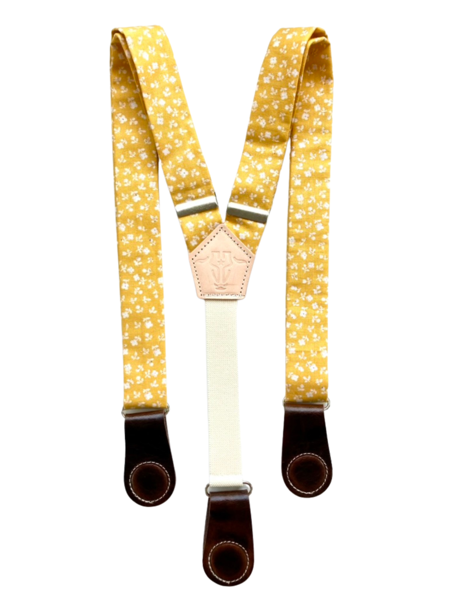 Marigold yellow floral suspenders for women with chocolate leather magnetic clasps, vintage boho accessory.