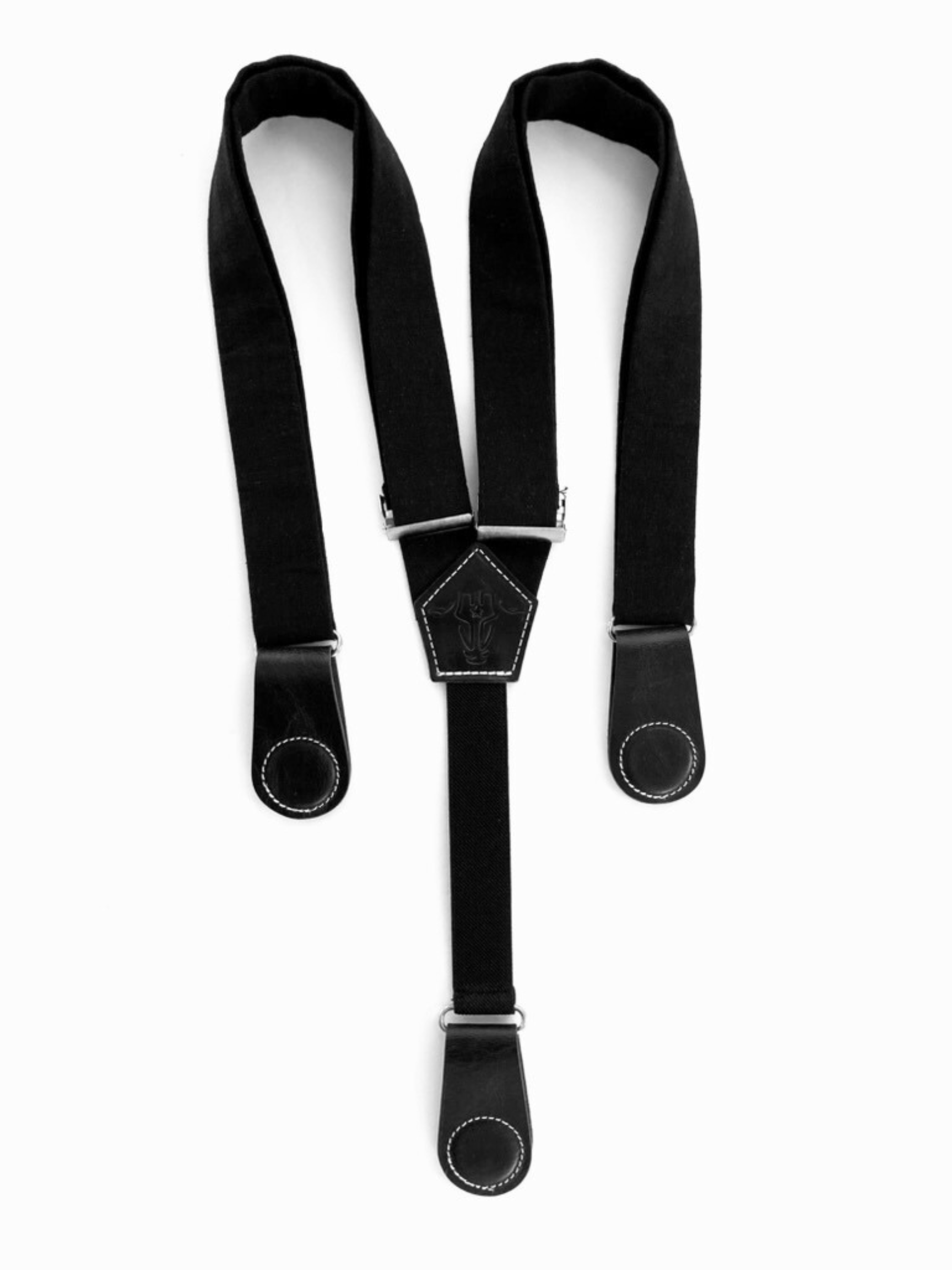 Monochrome black women's suspenders with black leather magnetic clasps, handmade in Texas