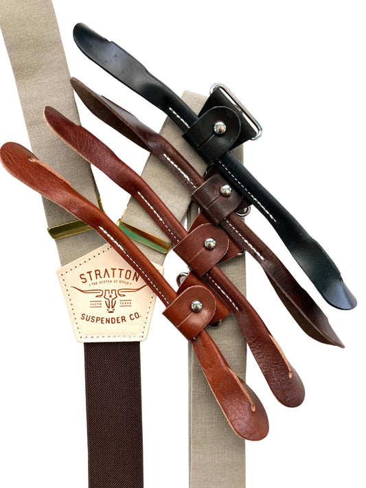 Neutral-toned suspenders in mushroom and espresso brown with four leather tab color options, laid out for groomsmen styling.