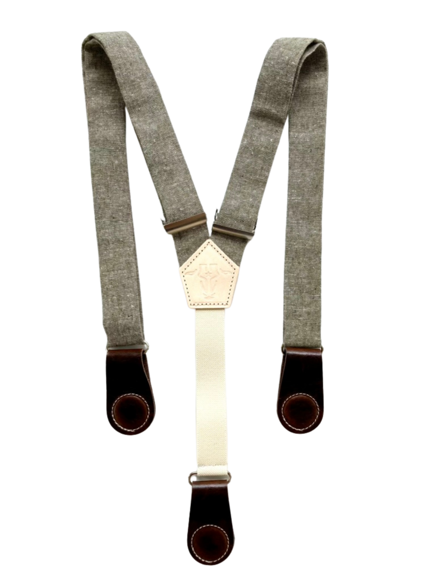 Olive linen women’s suspenders with chocolate magnetic leather clasps, handmade in Texas, vintage-inspired capsule accessory.