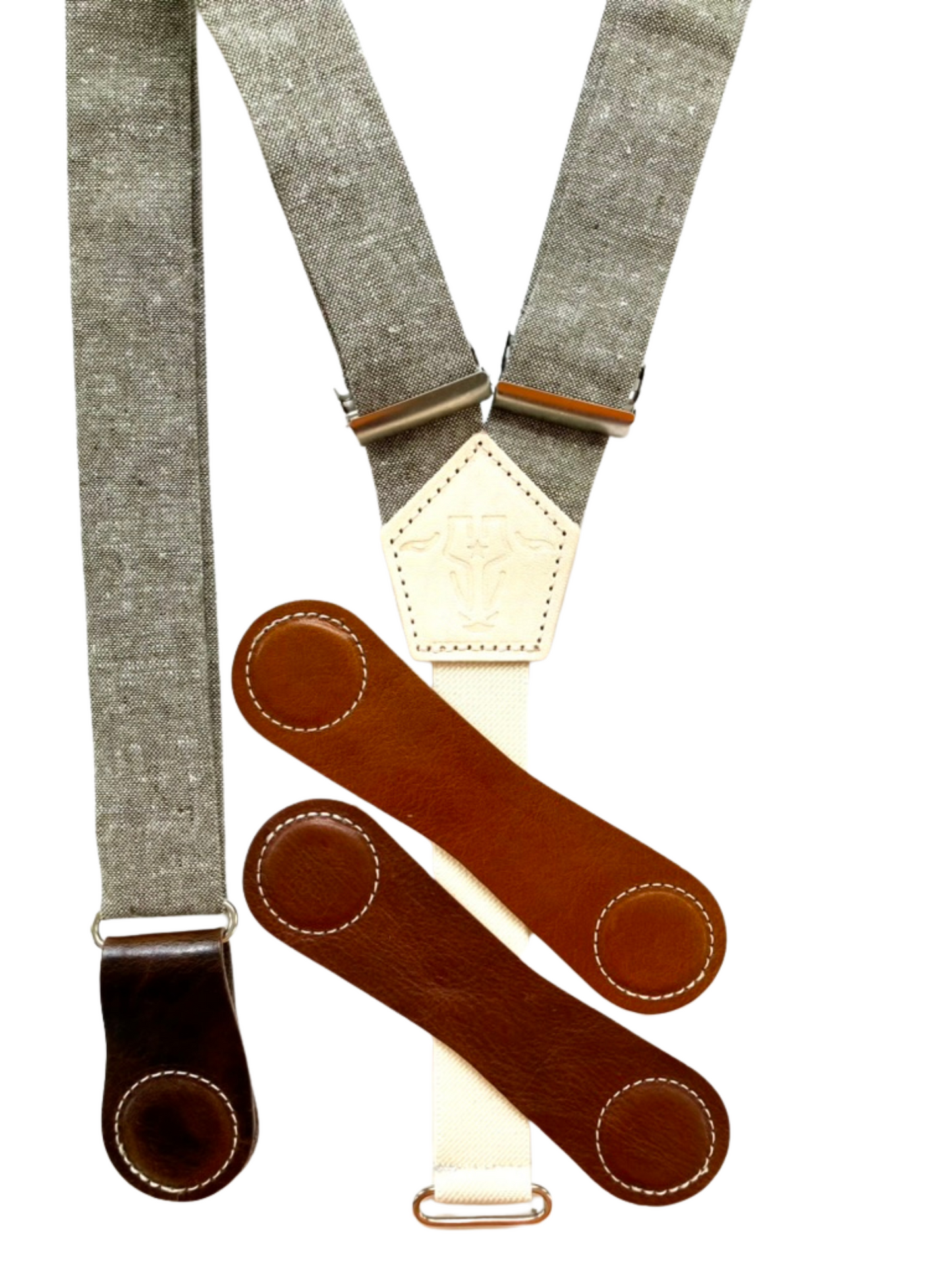 Olive linen women’s suspenders with chocolate, cognac, and tan magnetic leather clasp options, handmade in Texas.