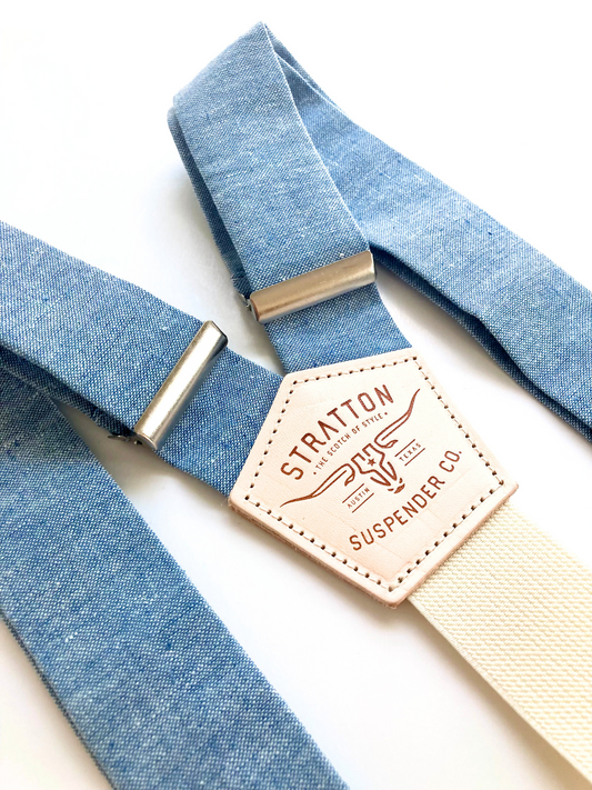 Pastel blue wedding suspenders with leather magnetic clasp alternative to clip-ons
