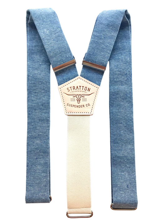 Pastel blue wedding suspenders for rustic weddings handmade in Texas, USA