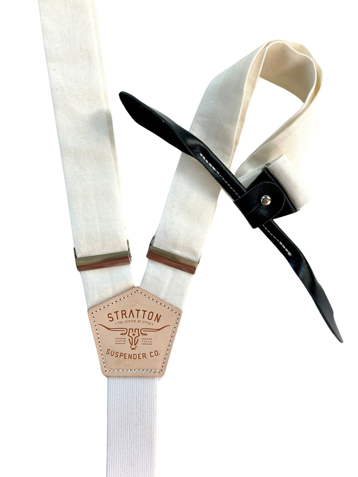 Pearl white linen wedding suspenders with black leather button-on ends, handcrafted by Stratton Suspender Co for formalwear, groomsmen, or rustic weddings.
