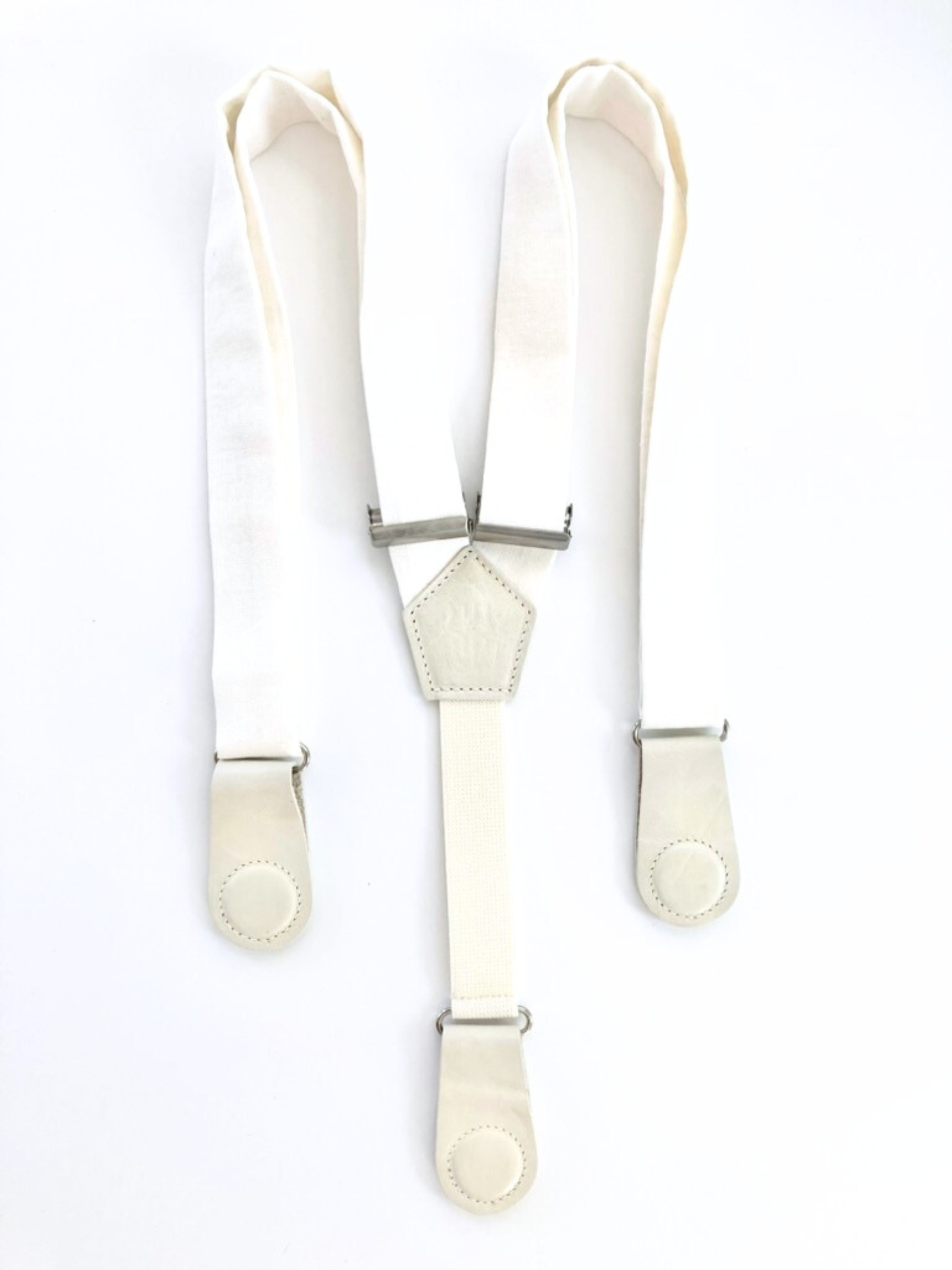 White linen suspenders for women with ivory magnetic leather clasps – minimalist American-made accessory