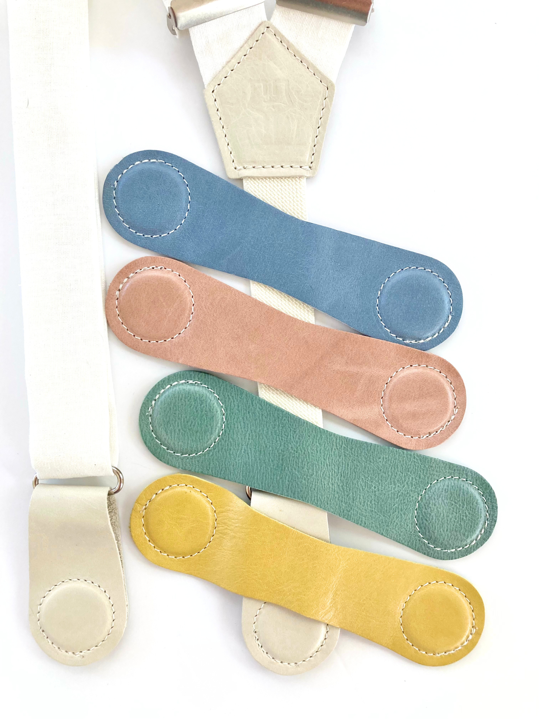 Pastel leather clasp options for women’s white suspenders – ivory, dusty blue, blush pink, sage green, canary yellow