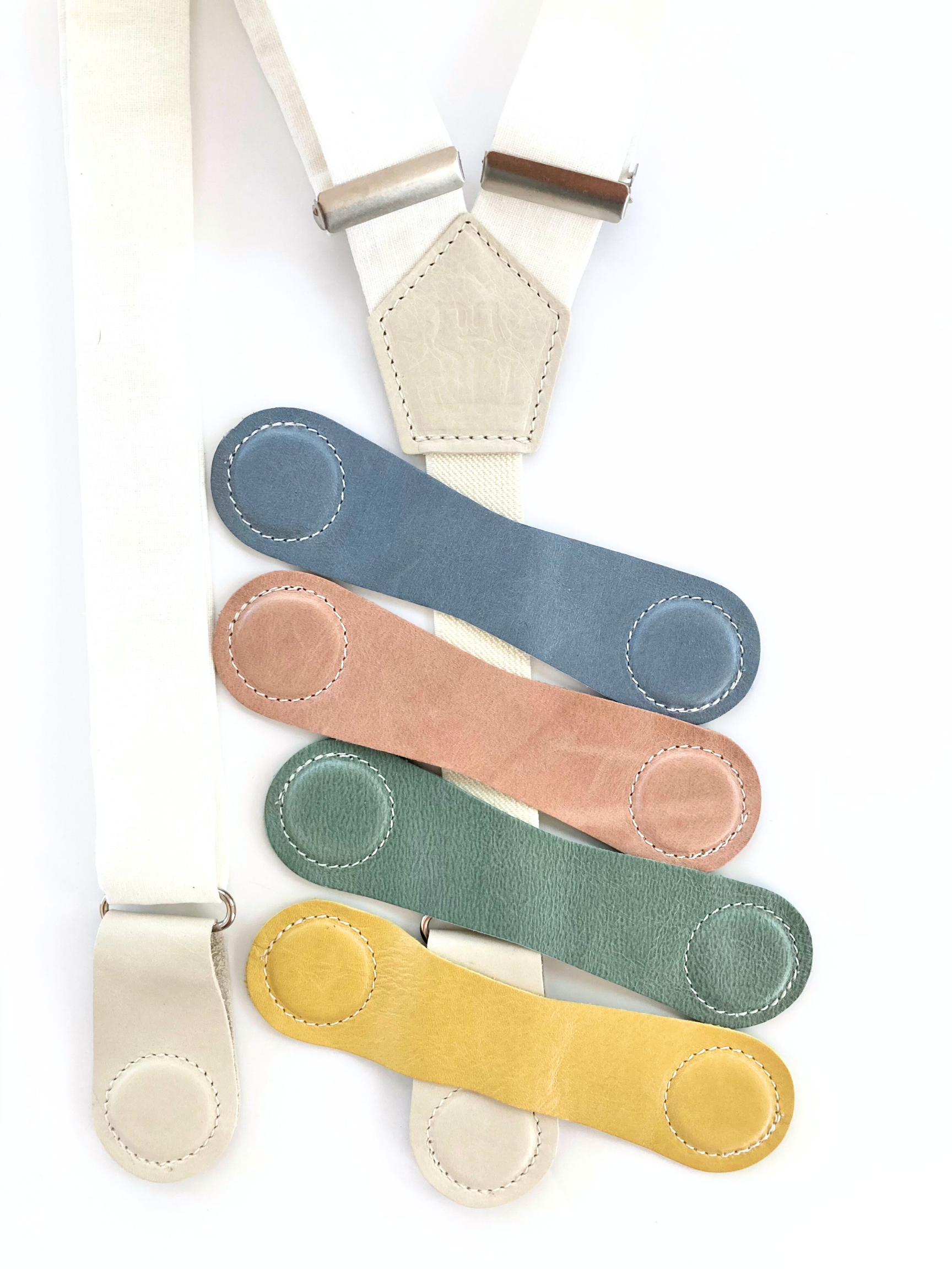 Pearl white women’s suspenders with pastel leather magnetic clasps – handmade linen suspenders in ivory, blush pink, sage green, blue, and yellow