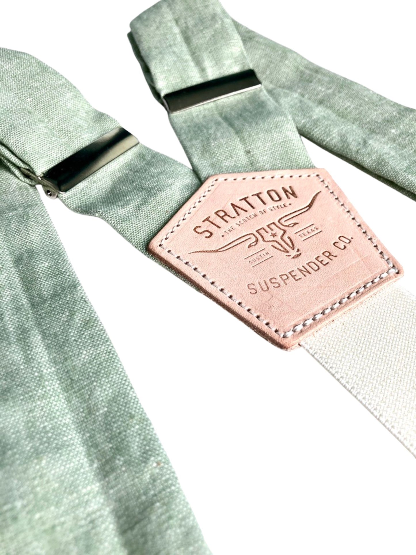 Pistachio green linen suspenders with leather magnetic clasp, ideal for rustic weddings, groomsmen gifts, and formal menswear.