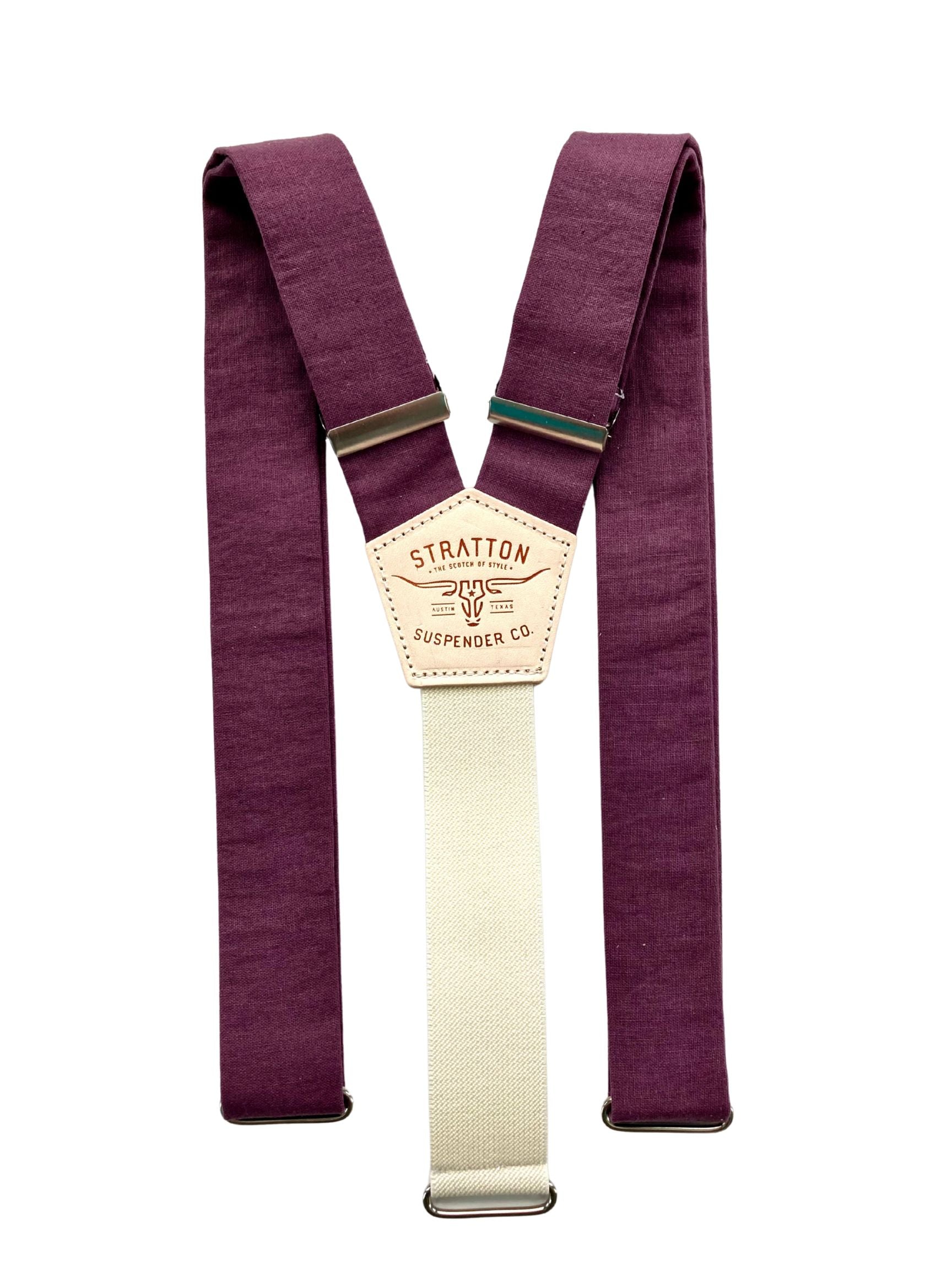Plum purple linen suspenders with cream elastic back and silver hardware, ideal for rustic weddings, groomsmen, or handmade formalwear.