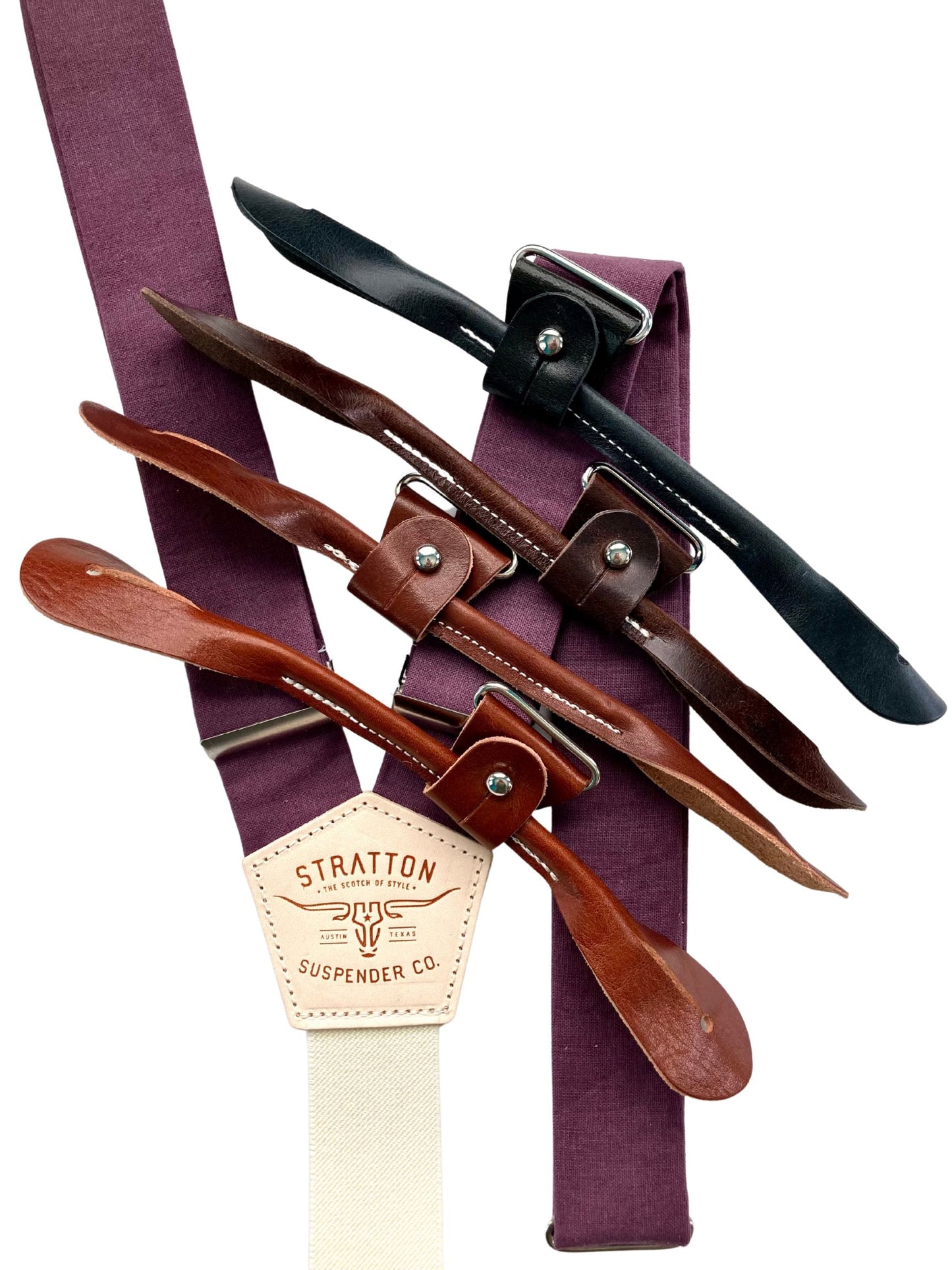 Plum linen wedding suspenders with premium leather button tab options in black, chocolate, cognac, and tan, shown with cream elastic back strap.